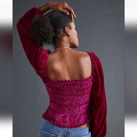 Anthropologie Raspberry Magenta Deep Pink Velvet Smocked Long Sleeve Top XXS - Picture 3 of 14